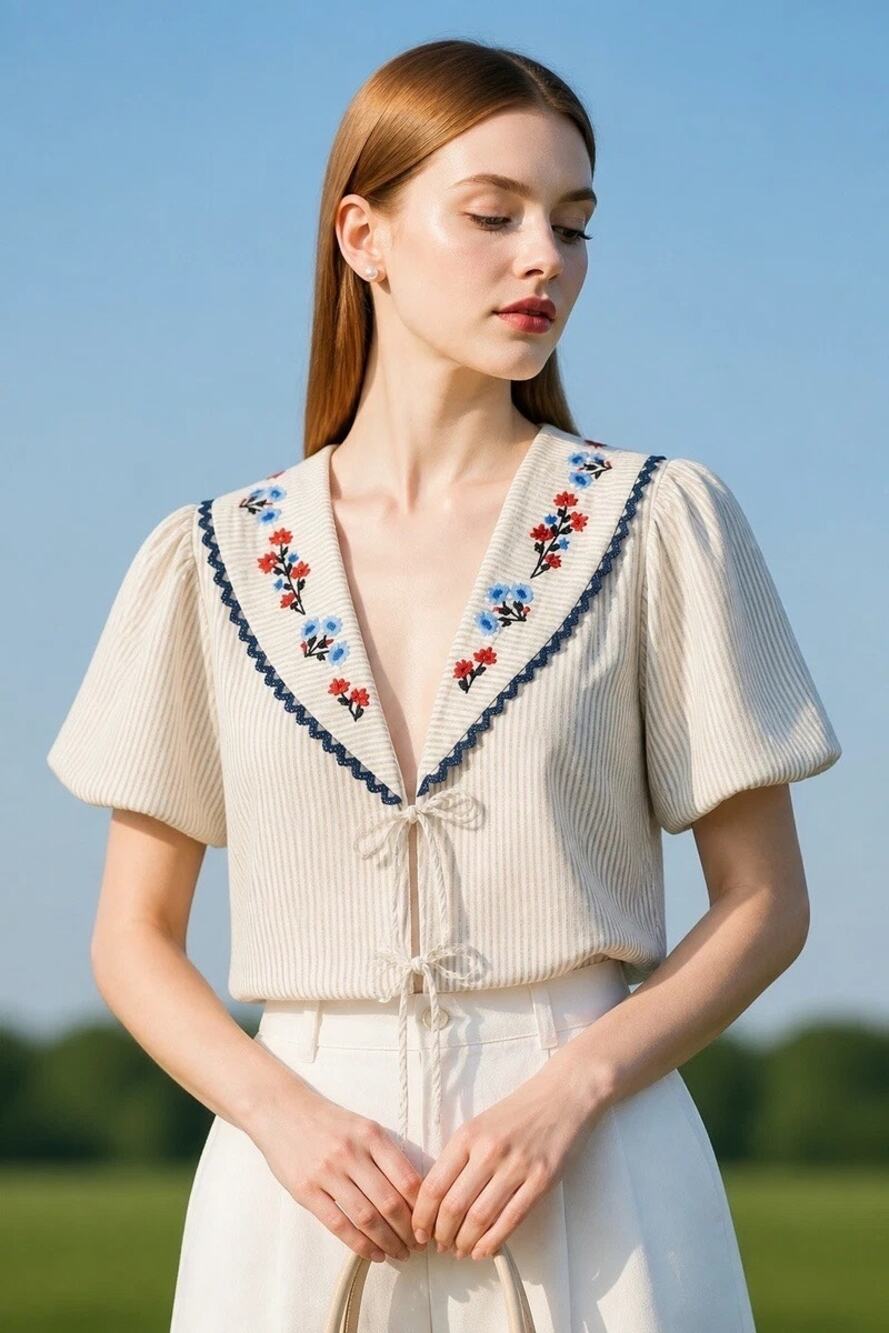 Caroline Constas Sailor Collar Embroidered Cotton Blouse Size M